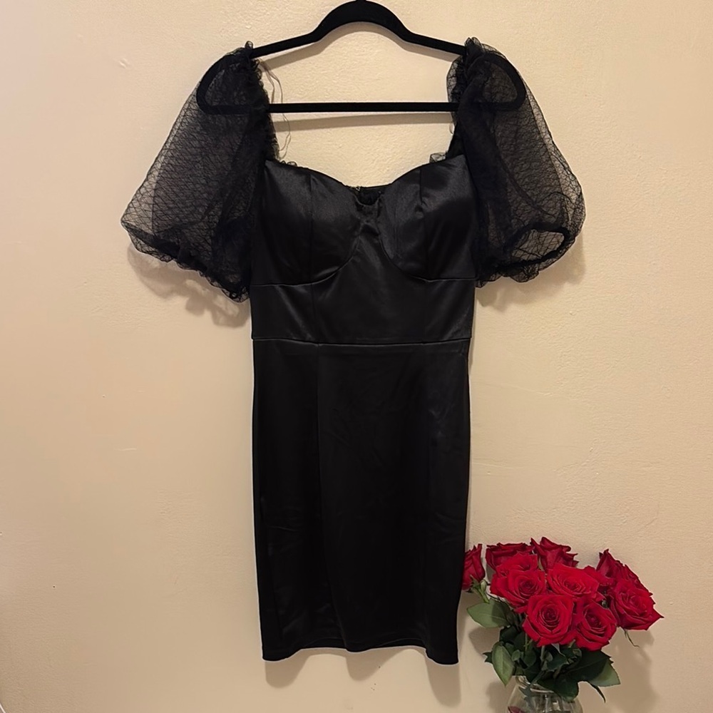 Haute Monde Black Mini Dress with Sheer Sleeves